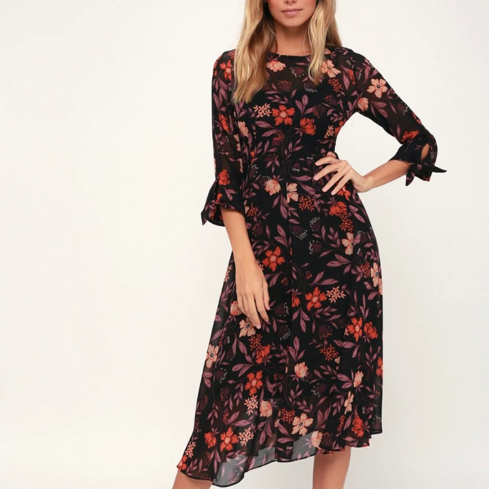 Passionate Love Black Floral Print Midi Dress